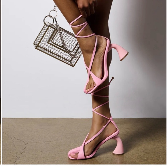 Liliana Pink Lace up Block Heel Pumps - Picture 4 of 8